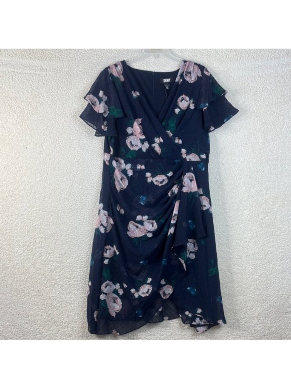 NWT DKNY Womens Navy Pink Floral Flounce Sleeve Faux Wrap Dress PLUS SIZE 18W